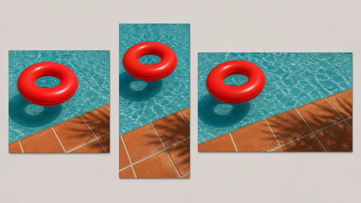 A flat-lay mockup of the same corrected generic red pool float photo shown as a square feed crop, a vertical story crop, and a wide landscape crop