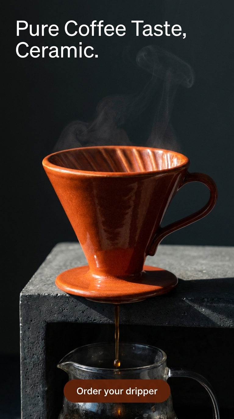 Full-vertical 9:16 story-format ad creative of the same ceramic pour-over coffee dripper, generated by Ad Studio generate_image_templates from the same source photo