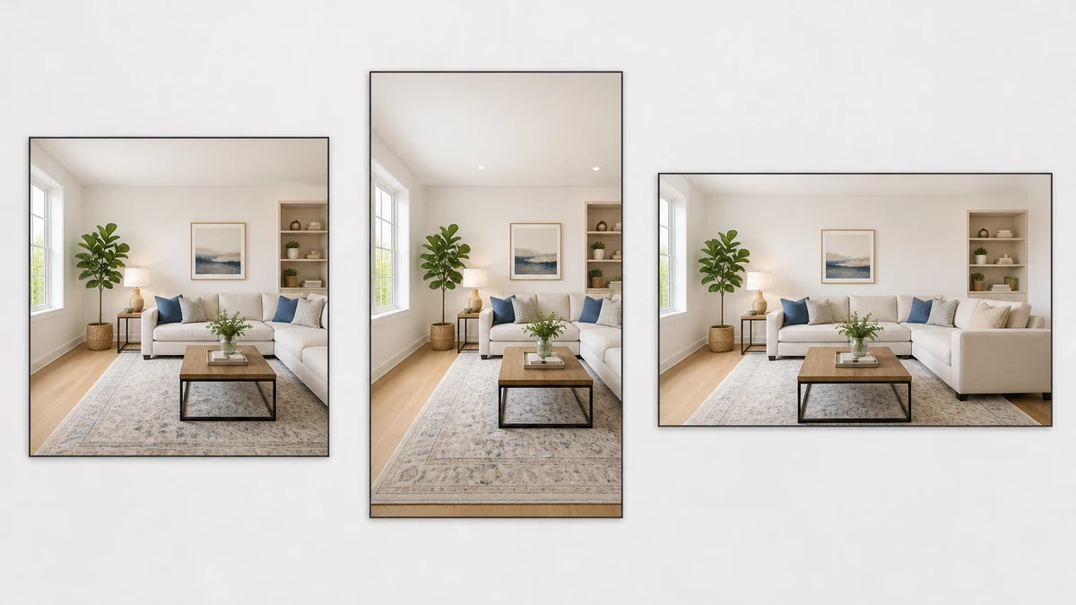 The corrected living room photo shown fanned out into square, vertical 9:16, and landscape ad-format crops