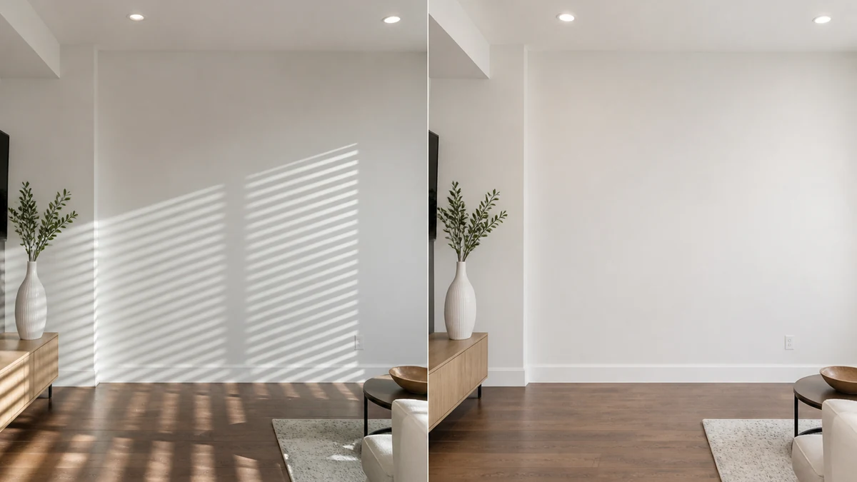Before and after: a living room wall and floor with hard venetian-blind shadow bars, corrected to even natural lighting