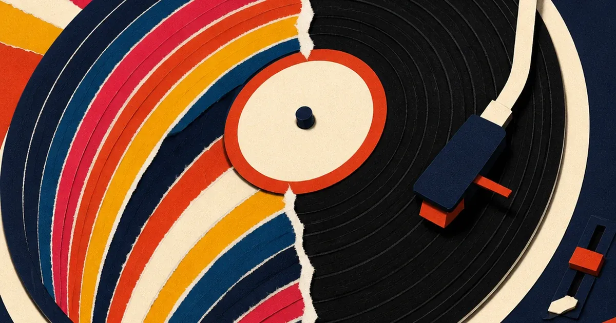 Paper-cutout style illustration of a vinyl record split by a torn edge, left half a rainbow diffraction band across the grooves, right half clean black grooves