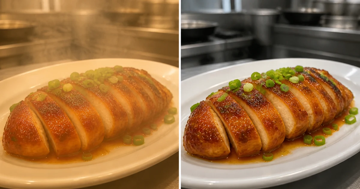 Before and after: steam haze and warm kitchen-light color cast cleared from a plated dish