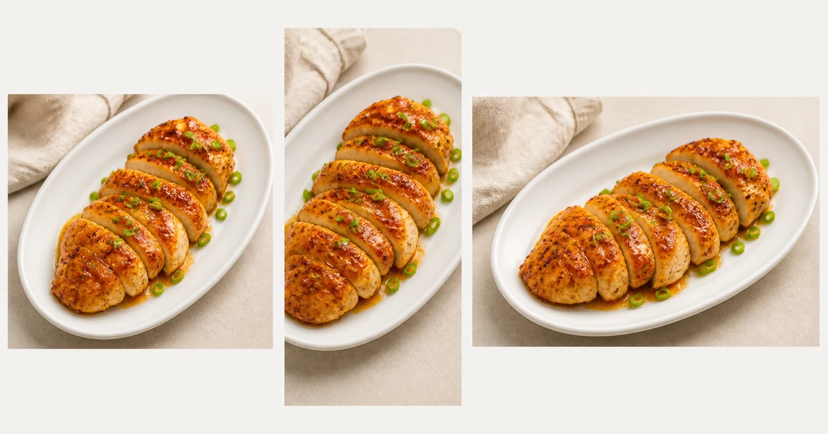 The corrected plated dish resized into three ad formats: Facebook feed, Story, and Display banner