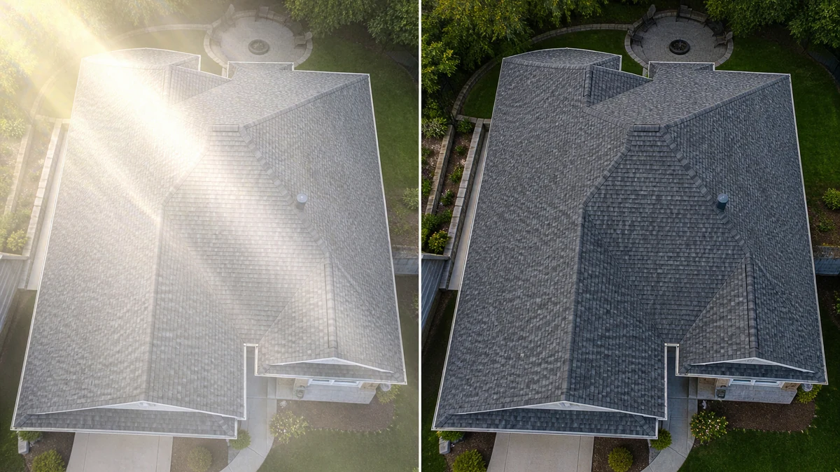 Before and after: aerial drone roof photo with a lens flare washing out shingles corrected to even, full shingle detail