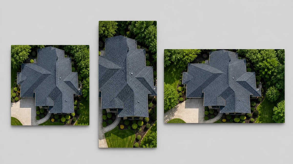 Same corrected aerial roof photo shown as a square feed ad, a 9:16 story, and a horizontal display banner
