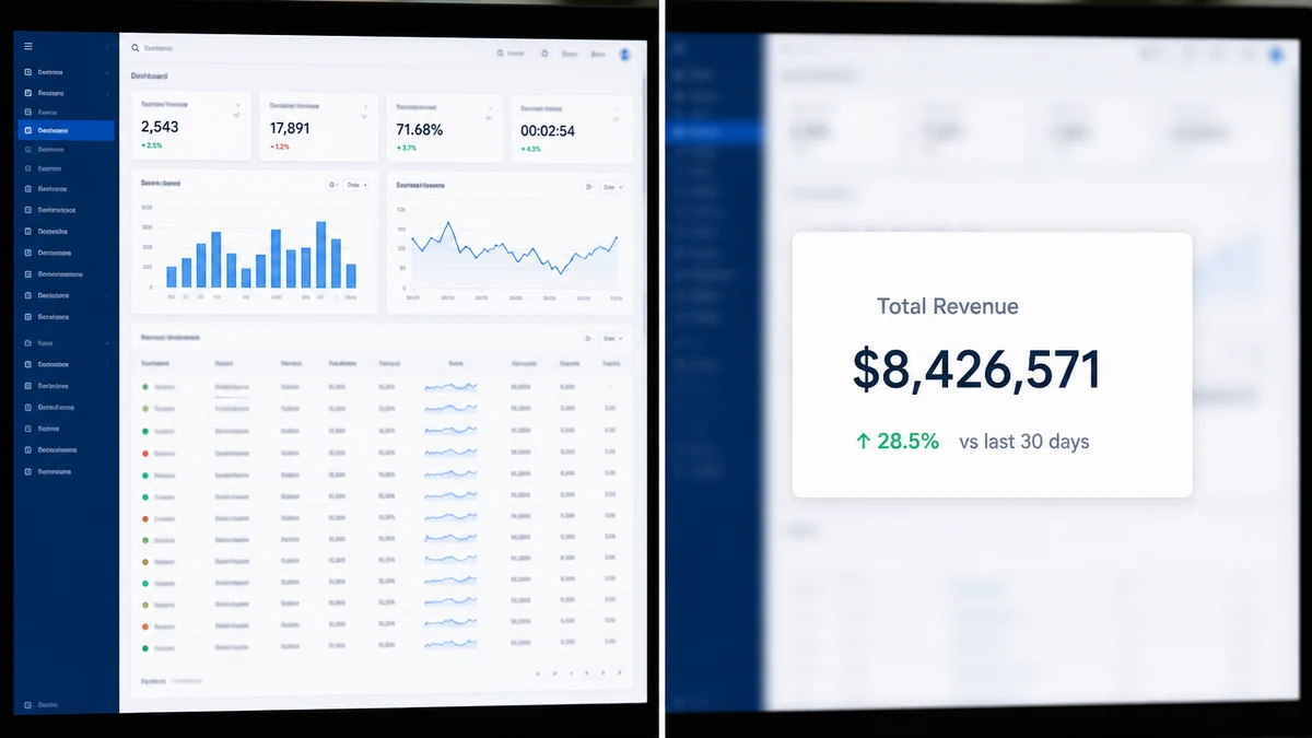 Before and after: a cluttered SaaS dashboard screenshot next to one large legible revenue metric card with the periphery blurred