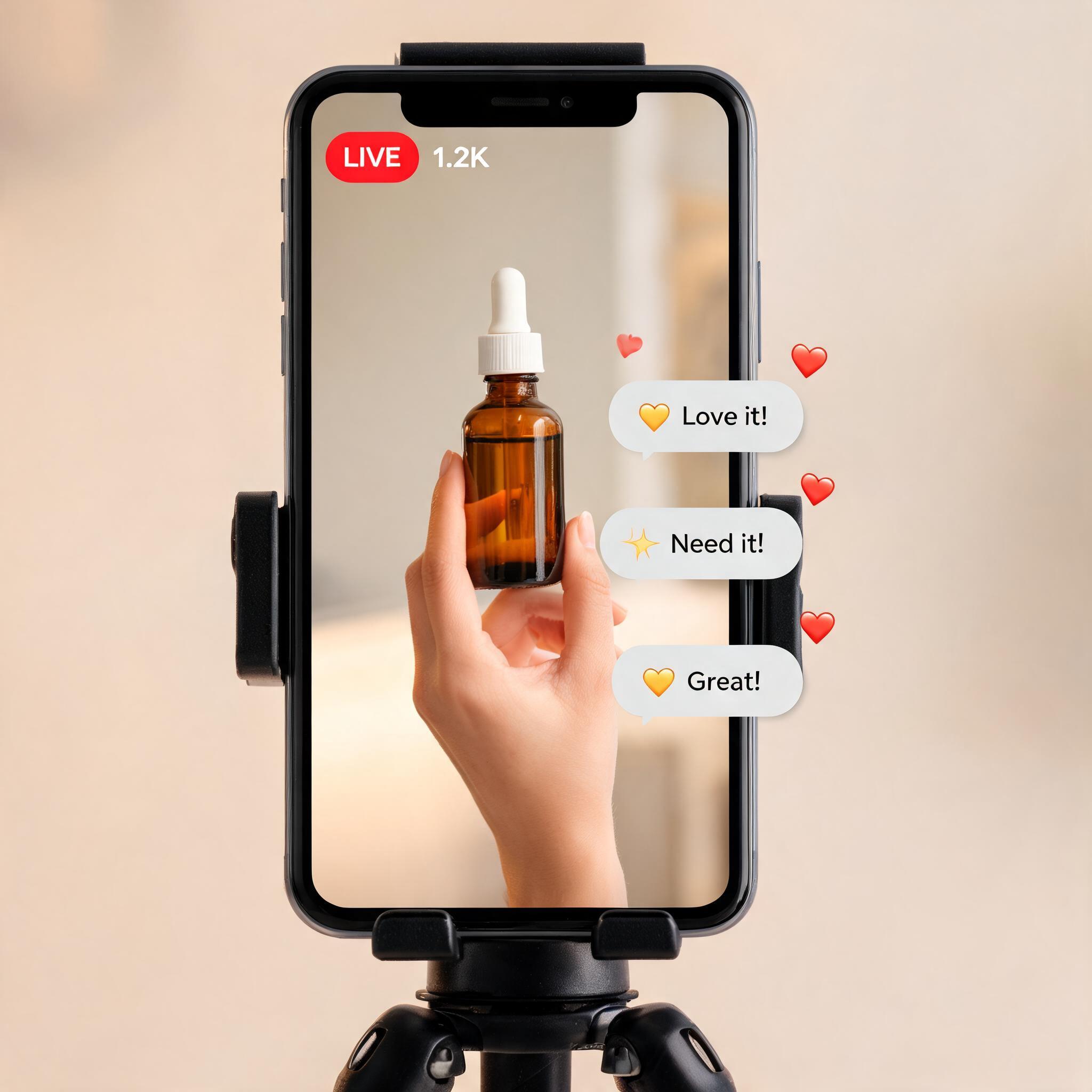 A product held up to a phone on a tripod showing a live-broadcast style overlay with a LIVE badge, viewer count, and scrolling comment bubbles with reaction hearts