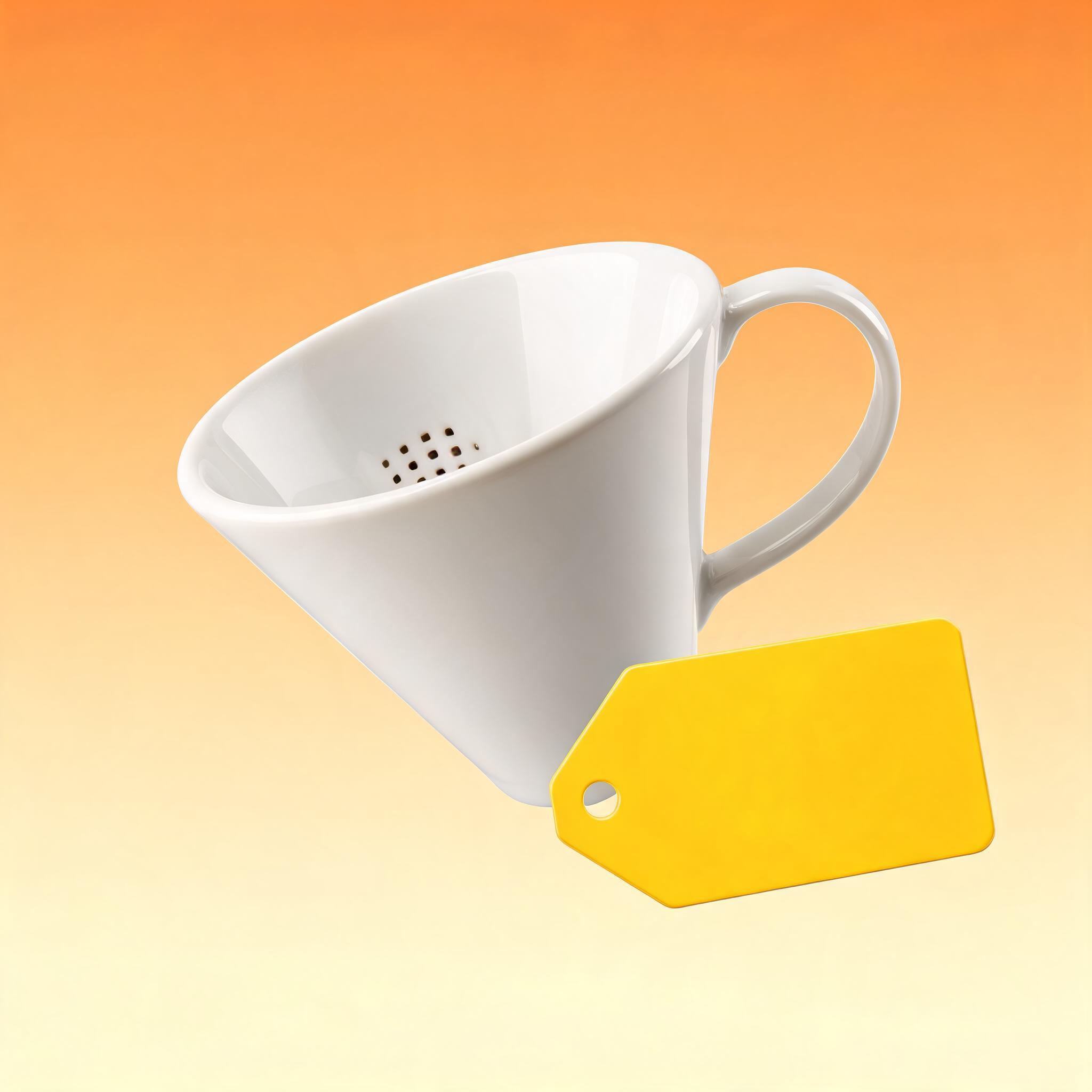 Generic unbranded pour-over coffee dripper product ad used as the fictional reference structure, warm gradient background with a blank price-tag callout in the lower right