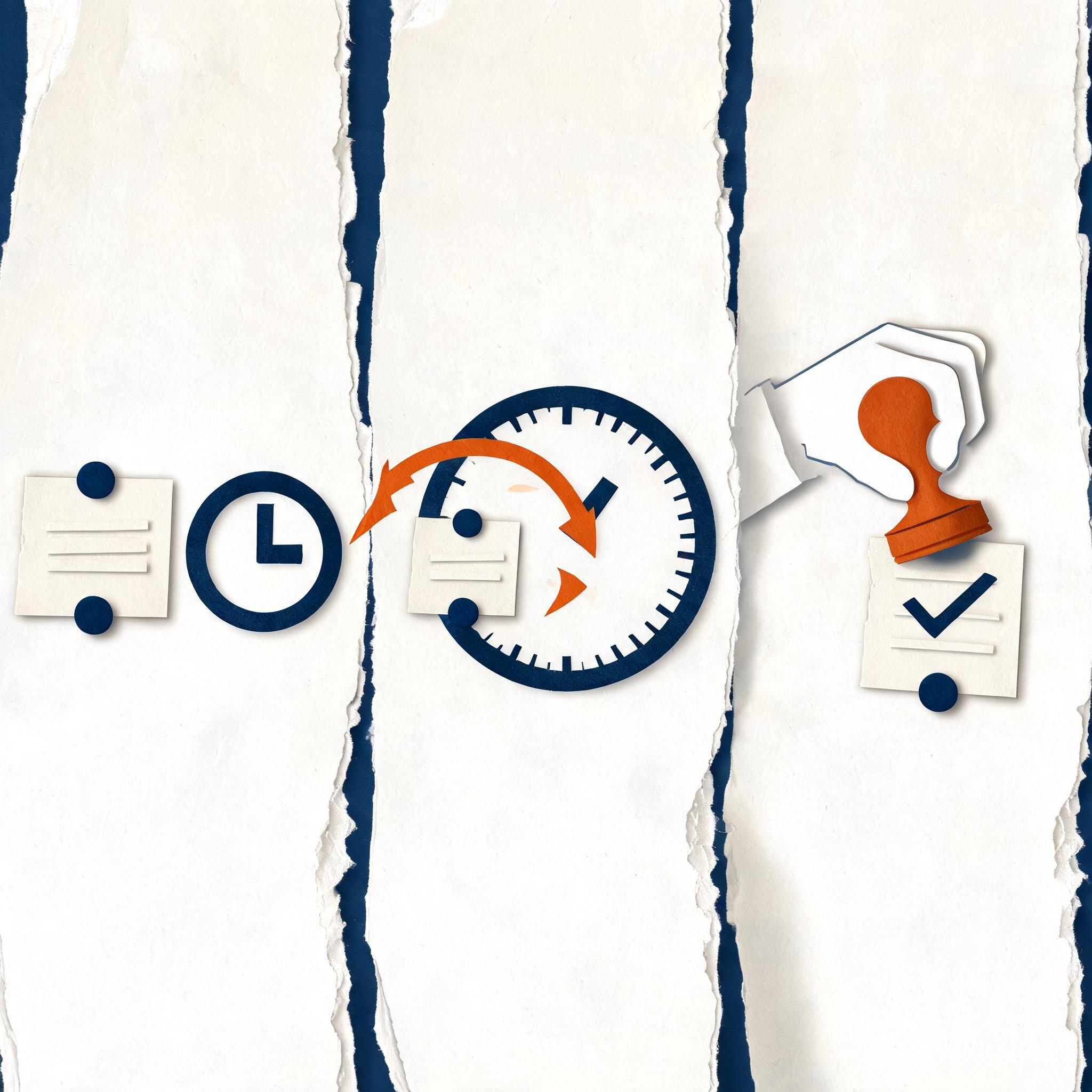 Flat paper-cutout storyboard illustration showing a stuck task card with a clock, a dashboard catching it with a motion arrow, and a hand stamping client approval on a checklist card