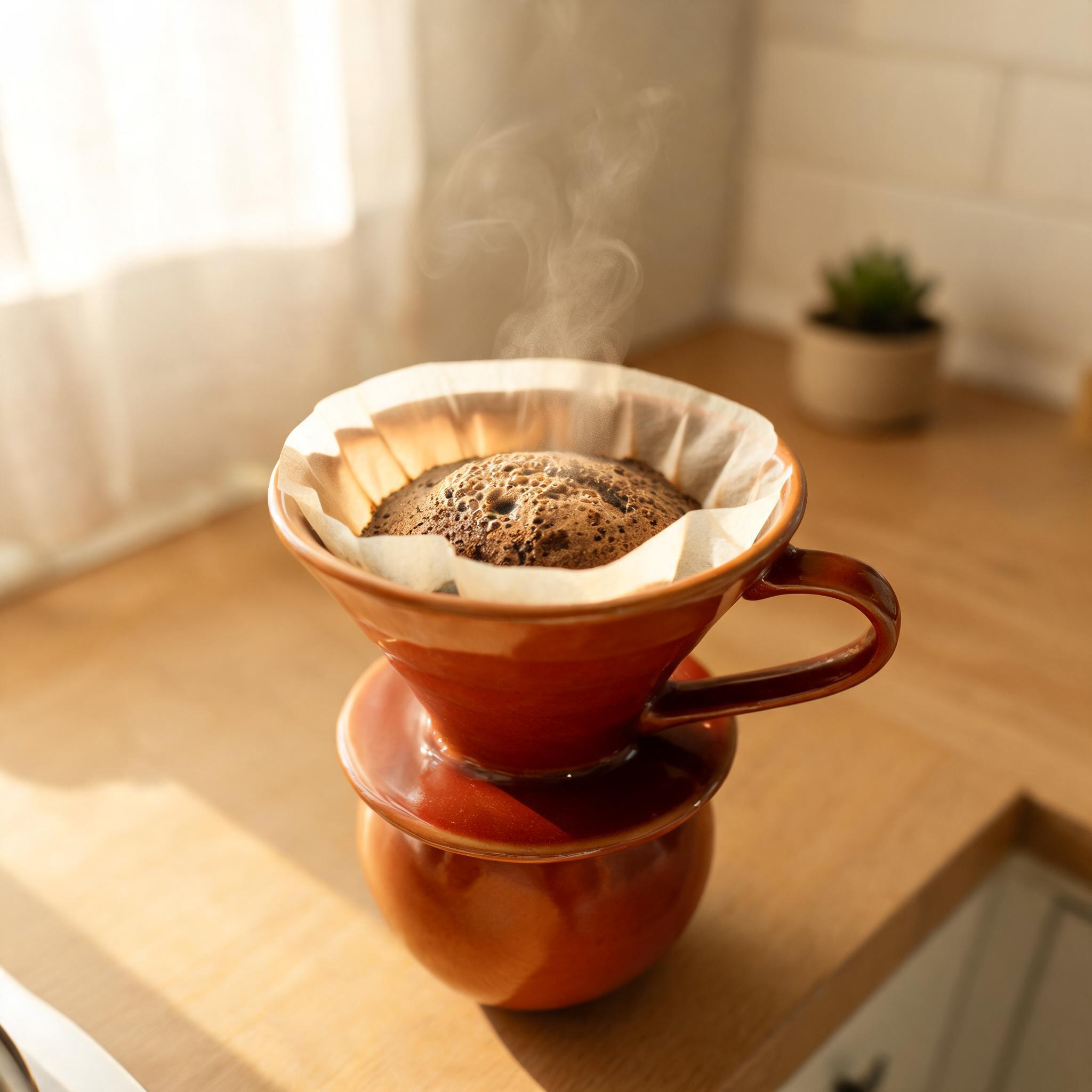 Illustrative still of a ceramic pour-over coffee dripper with terracotta glaze, steam rising, generated on Coinis