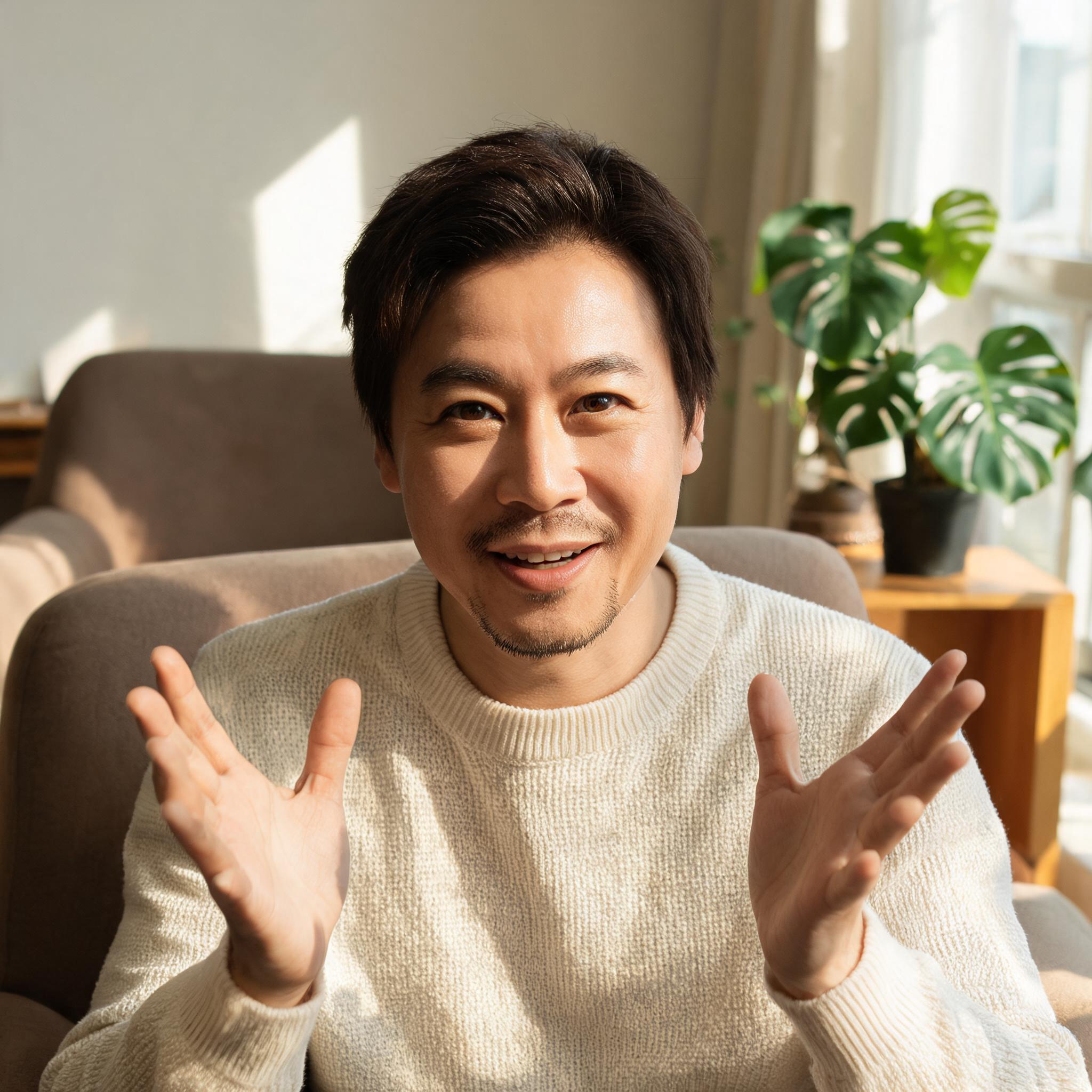 AI-generated actor, warm and friendly, mid-30s, seated in a bright casual non-clinical space, speaking directly to camera with an open hand gesture