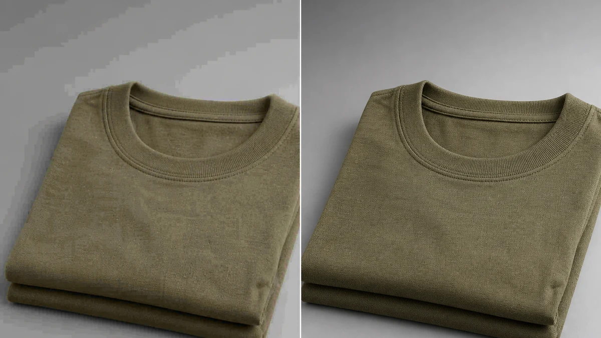 Illustrative before-and-after split photo of a folded t-shirt product image, left side showing compression banding and mushy texture, right side showing the same photo with texture and gradient restored
