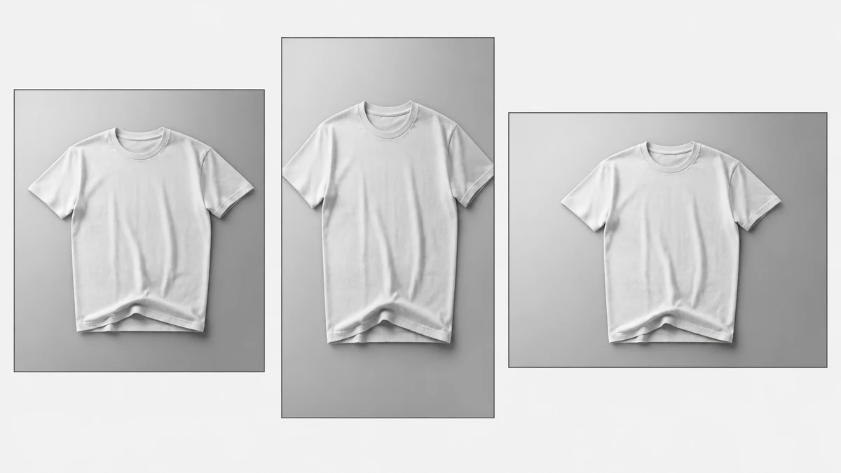 Illustrative mockup of the same t-shirt product photo reproduced in three ad-format crops: square, vertical 9:16, and horizontal landscape