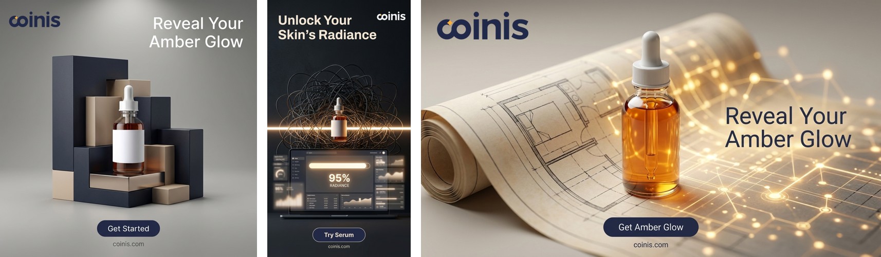 The same corrected serum bottle photo shown as a square feed ad, a 9:16 story, and a horizontal display banner side by side
