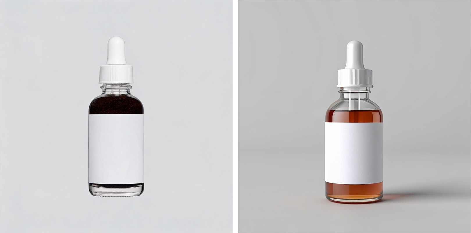 Before and after: left half shows a glass serum bottle photographed with flat front lighting, liquid inside reading dark and murky, right half shows the same bottle with light passing through the glass, liquid reading as a clear rich amber color, label and cap unchanged