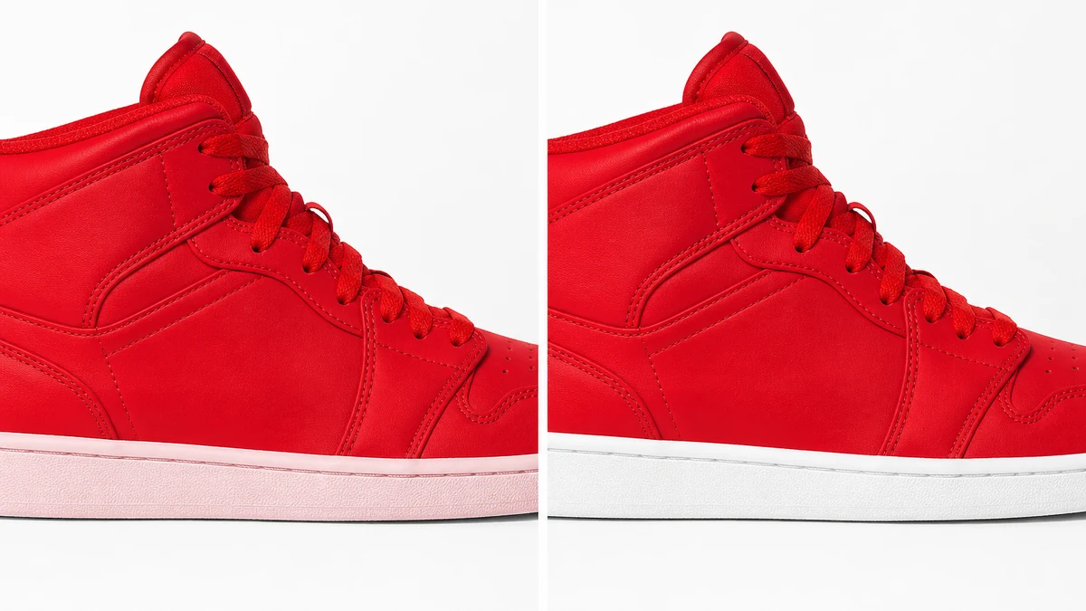 Illustrative before and after comparison of a red high-top sneaker's white sole: left side shows a pink color-bleed tint near the upper, right side shows the sole corrected to neutral white
