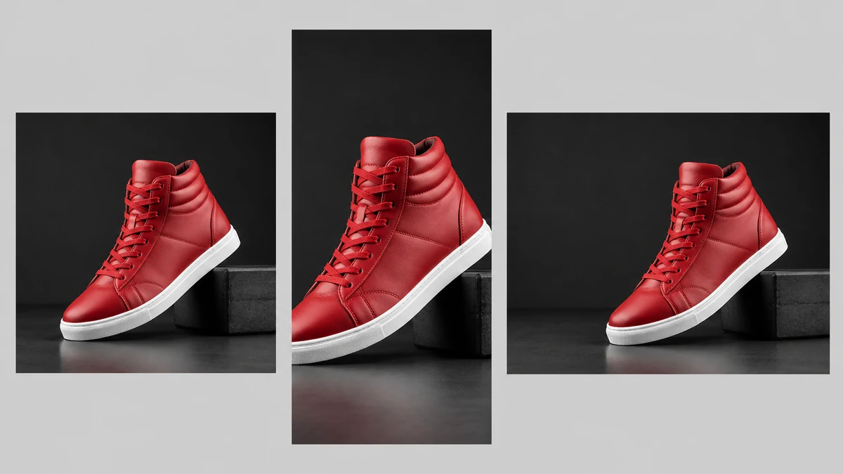 The same color-corrected sneaker photo shown as a square feed ad, a 9:16 story crop, and a horizontal display banner side by side
