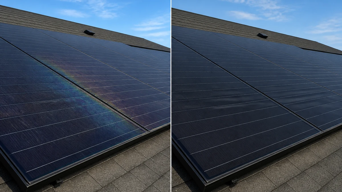 Illustrative before and after solar panel photo, left side with a faint rainbow iridescent color band across two panels, right side with even neutral dark-blue panel color after correction