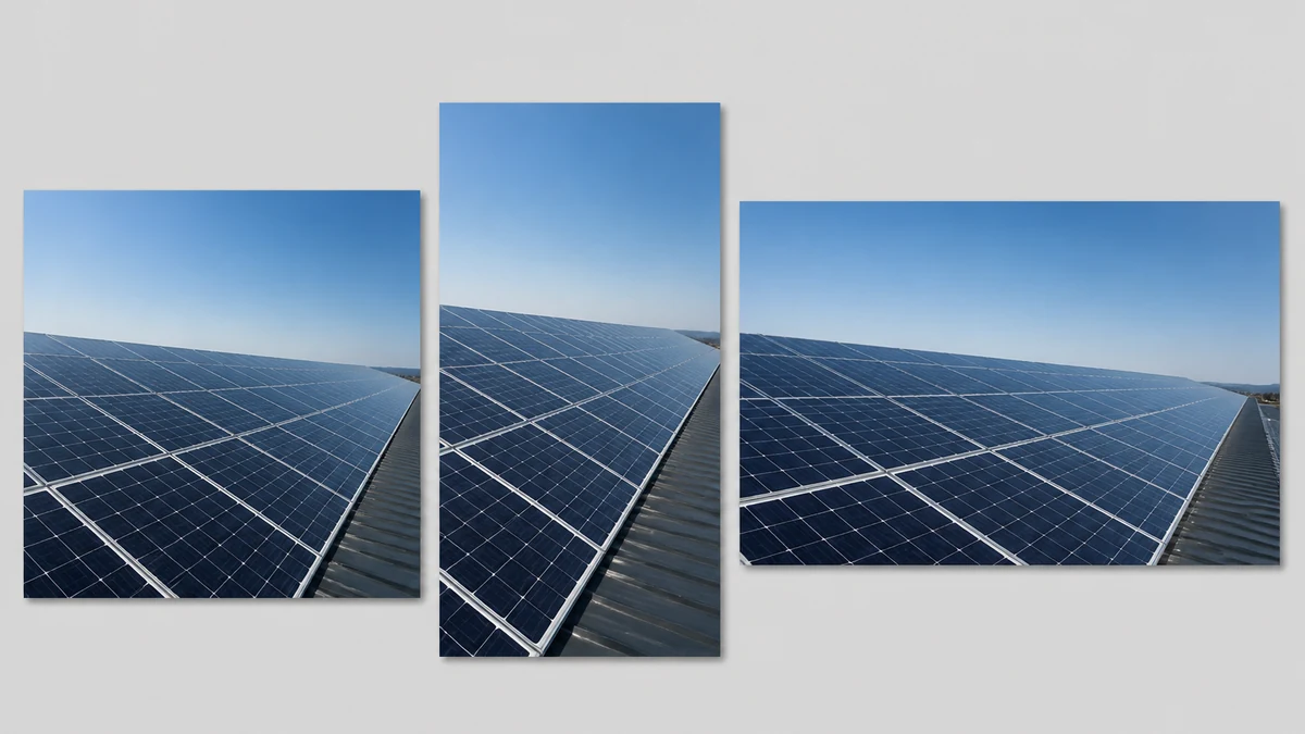 Illustrative corrected solar panel photo laid out as a square post, a vertical story frame, and a landscape banner using the same source image