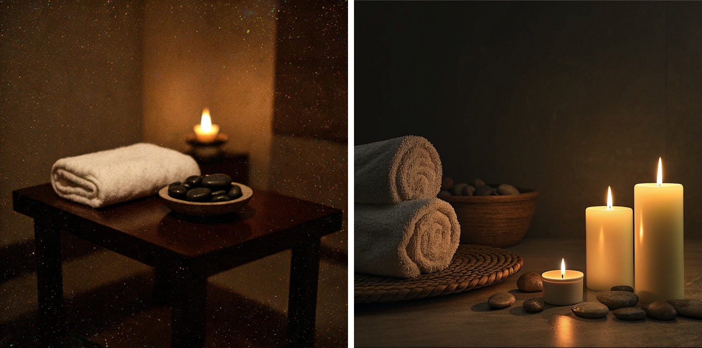 enhance_asset_proxy before/after composite -- left is the real candlelit spa treatment-room photo with visible grain and speckled color noise across the shadows and a dark, underexposed cast that blurs the towel texture, stone dish, and product label into indistinct shapes, right is the same photo after a real `enhance_asset_proxy` call corrected the exposure and removed the noise, restoring visible texture and legible detail while keeping the same warm, candlelit ambiance, room and products unchanged.