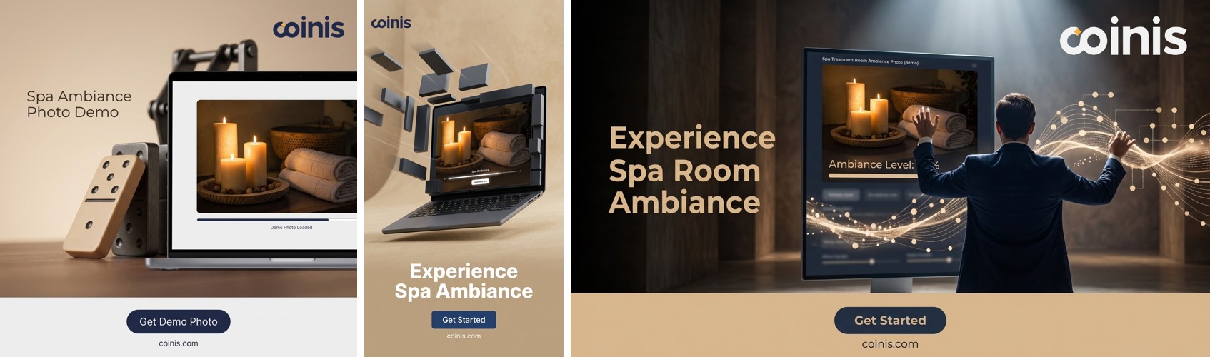 generate_image_templates multi-format fan-out -- the same noise-corrected, properly exposed spa treatment-room photo resized into three ad formats side by side, 1:1 feed post, 9:16 Story, and 1.91:1 Display banner.