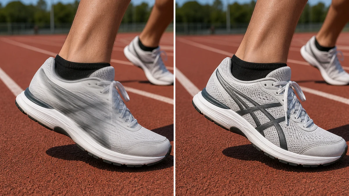 Split before-and-after photo of a running shoe: left side shows visible motion blur smearing the stitching and logo panel, right side shows the same shoe with the detail restored sharp