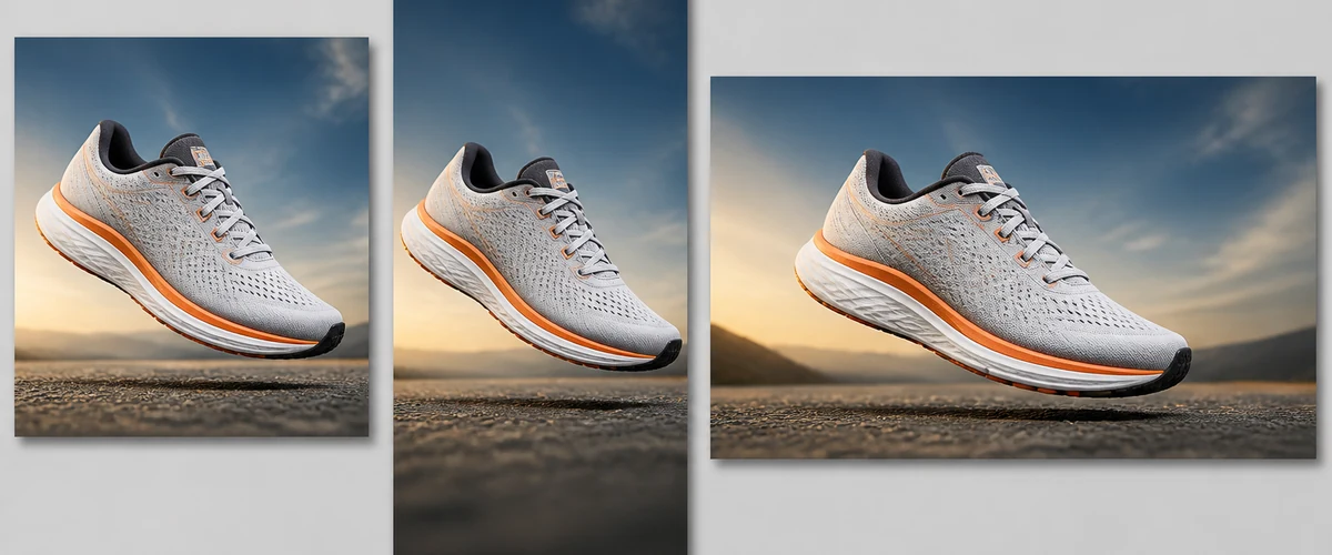 The same corrected running shoe photo shown in three ad crop formats: square, vertical story, and horizontal landscape