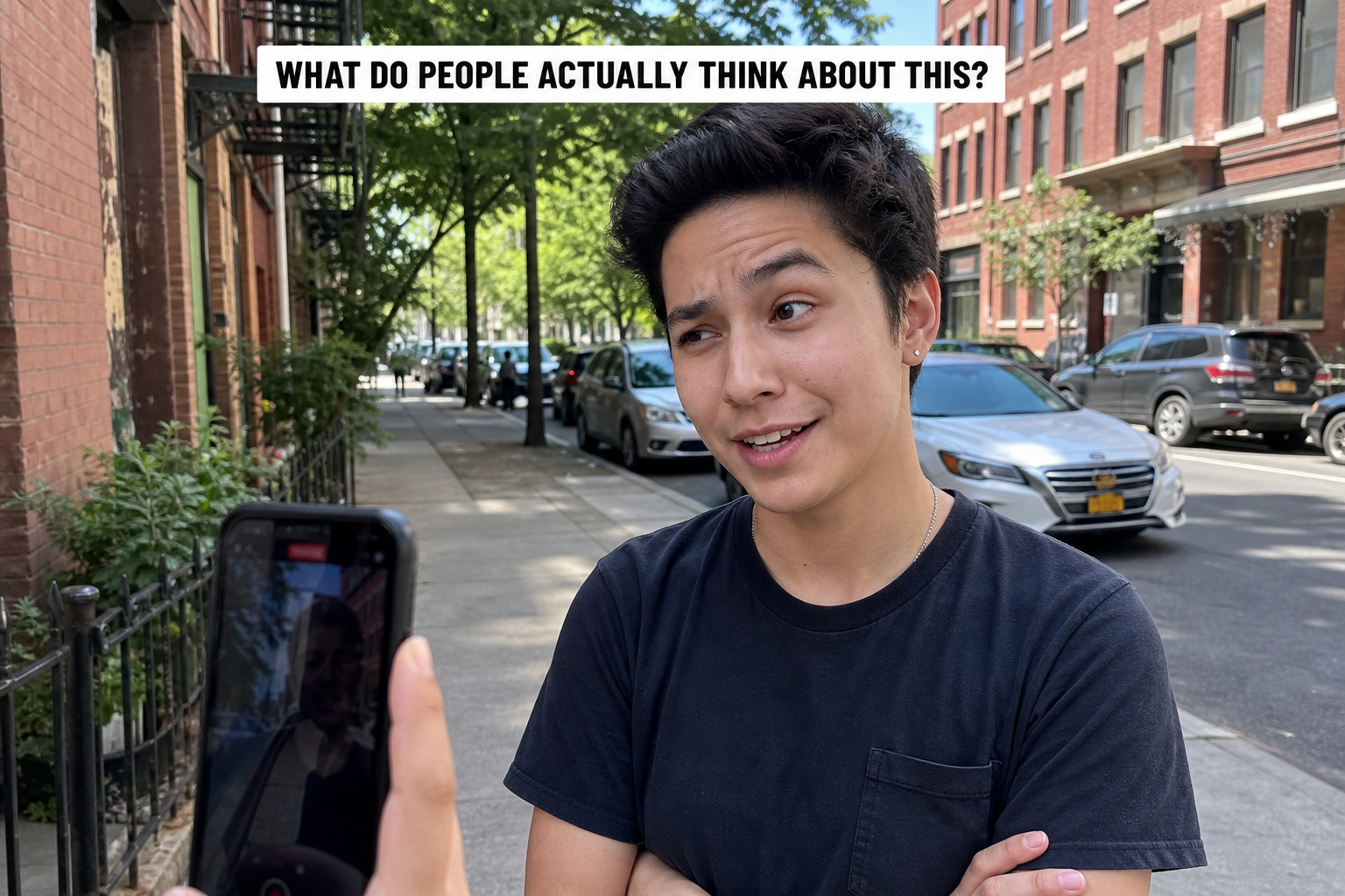 Candid street-interview style still: a person mid-answer on a city sidewalk with a phone camera held toward them, on-screen caption reads What do people actually think about this