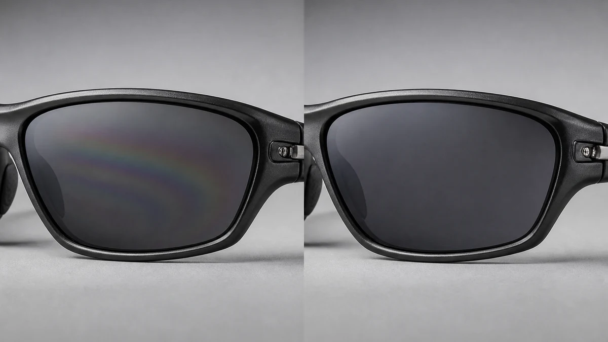 Sunglasses before and after lens rainbow correction, left shows an oil-slick rainbow band across the lens, right shows a clean uniform dark tint