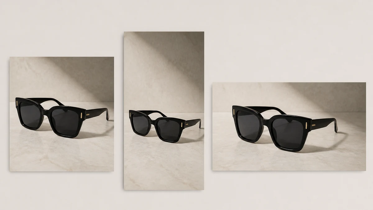Clean sunglasses photo resized into three ad formats side by side, square feed post, vertical Story crop, and horizontal Display banner
