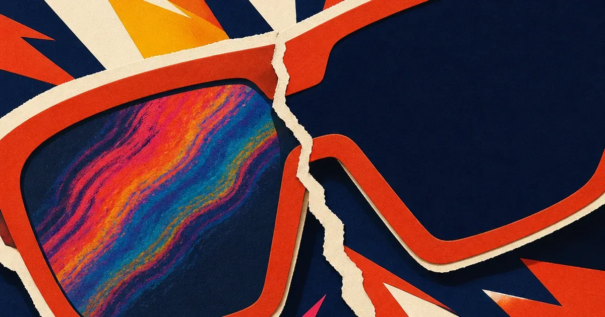 Paper-cutout illustration of sunglasses splitting into a rainbow-streaked lens half and a clean dark lens half