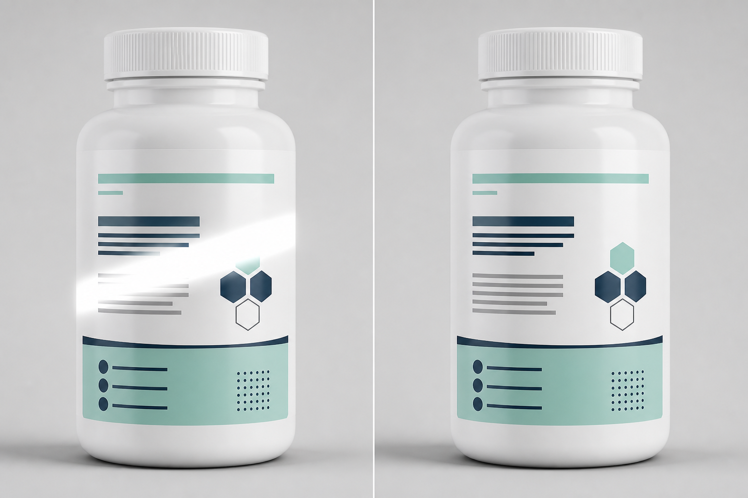 A supplement bottle photo split in half: left side shows a hard white glare band across the label making it hard to read, right side shows the same bottle with a clean, fully legible label
