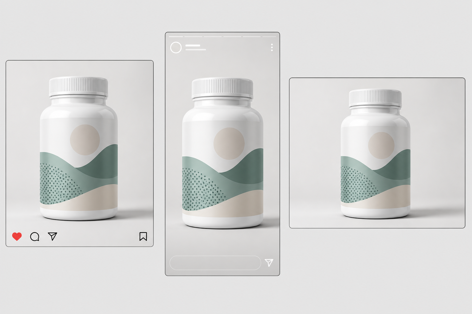 The same clean supplement bottle photo rendered into three ad mockups side by side: a square Facebook feed post, a 9:16 Story, and a horizontal Display banner