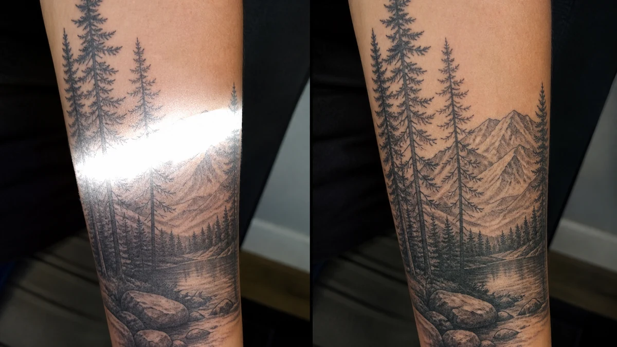 Illustrative before and after: tattoo forearm photo with a bright glare streak obscuring the linework on the left, the same tattoo with the glare removed and full detail visible on the right