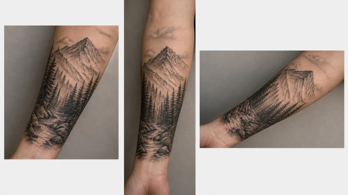 Illustrative multi-format ad fan-out of the corrected tattoo photo shown as a square feed ad, 9:16 story, and horizontal display banner