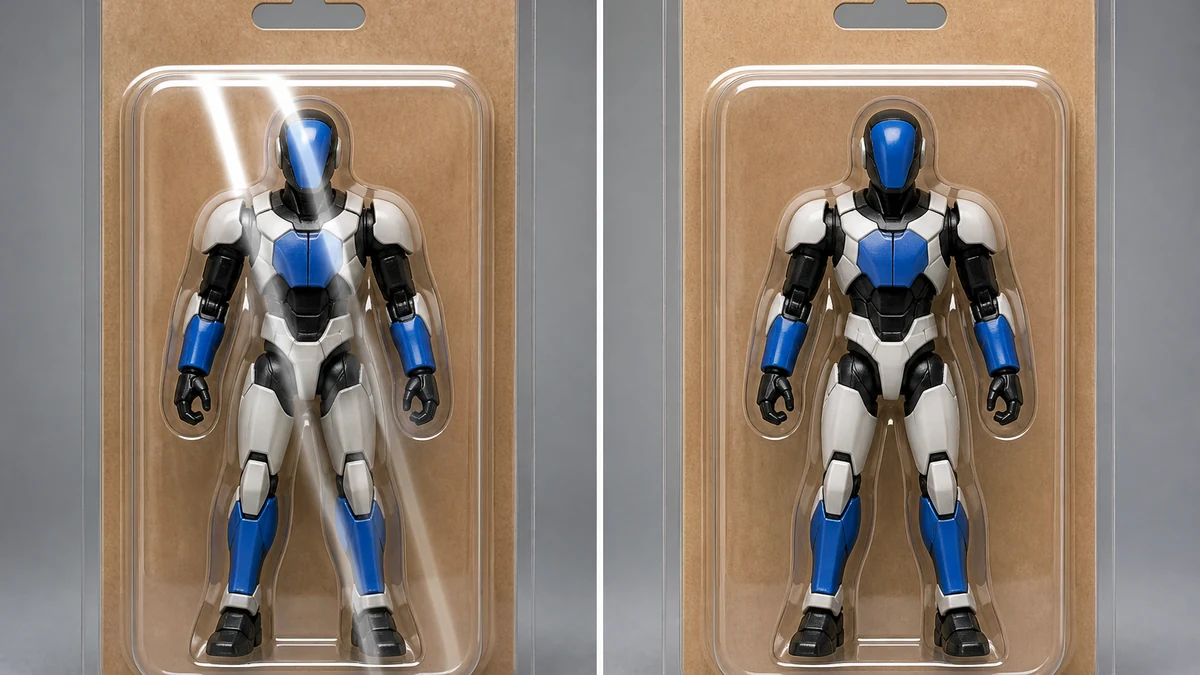 A split-frame photo of a sealed generic action figure blister pack: left side shows a doubled ghost reflection highlight crossing the packaging, right side shows the same pack with the reflection corrected