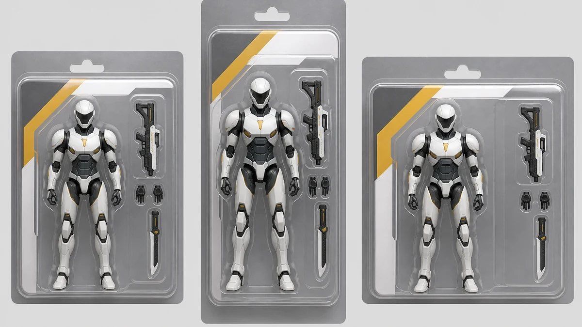 A flat-lay mockup of the same corrected generic action figure blister-pack photo shown as a square feed crop, a vertical story crop, and a wide landscape crop