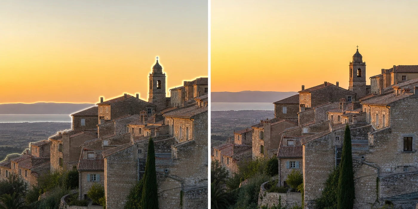 Split-frame illustration of a hillside village at golden hour: left half shows a visible glowing halo tracing every rooftop edge against the sky, right half shows the same village with clean, natural-contrast edges and no ringing artifact