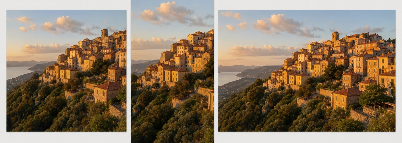 Illustrative multi-format fan-out: the same corrected hillside village photo shown as a square feed ad, a 9:16 story crop, and a horizontal display banner side by side