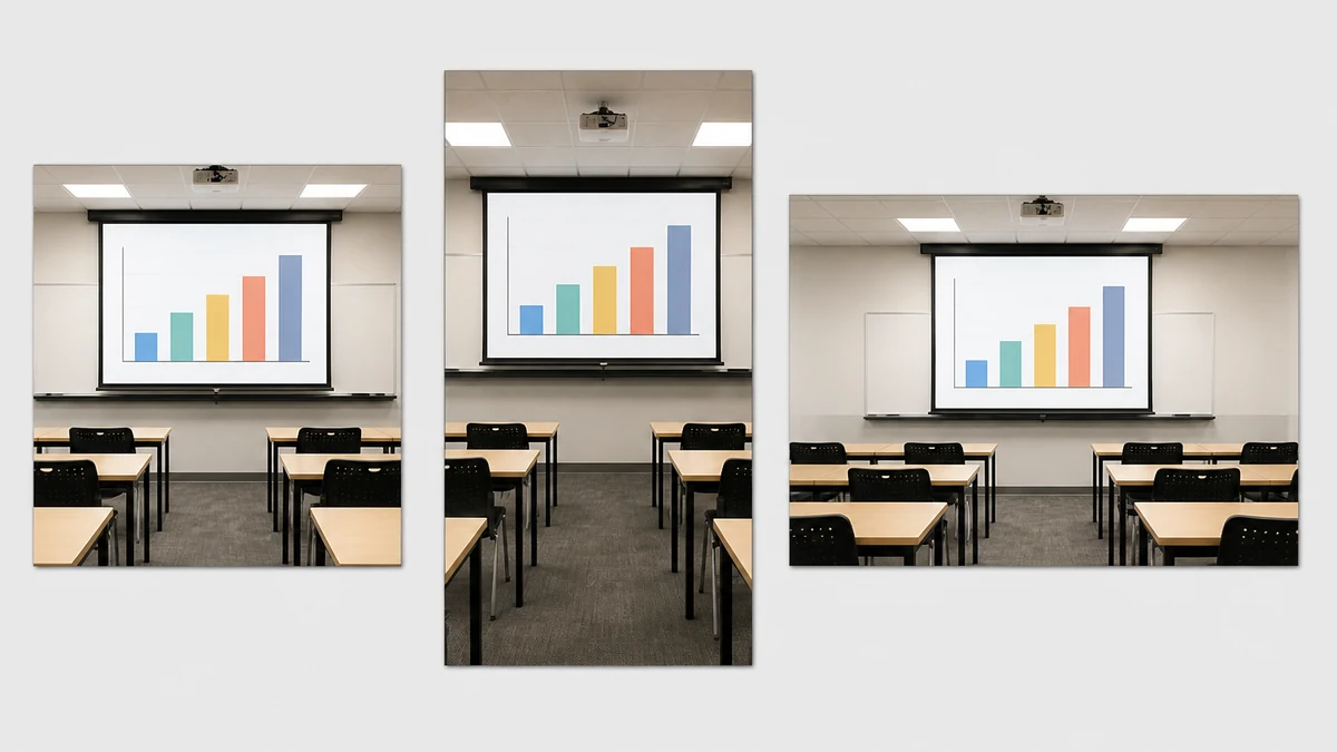 A flat-lay mockup of the same corrected generic classroom screen photo shown as a square feed crop, a vertical story crop, and a wide landscape crop