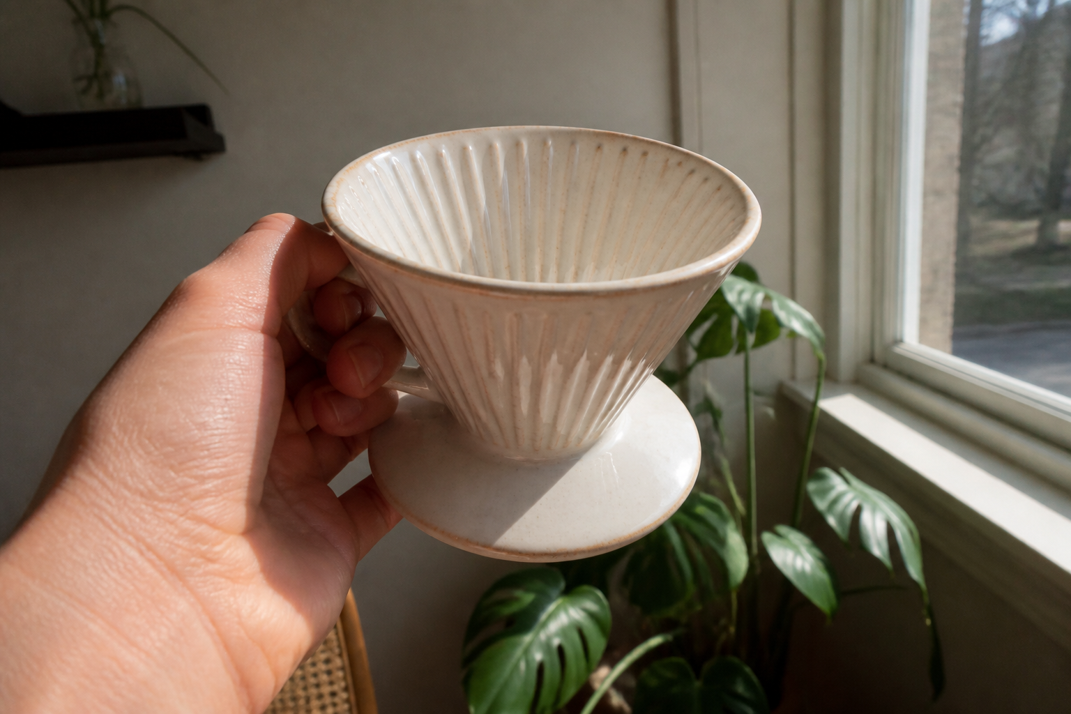 Illustrative creator-hook still: a hand holding a ceramic pour-over dripper up to camera, standing in for the ugc-ad preset video output