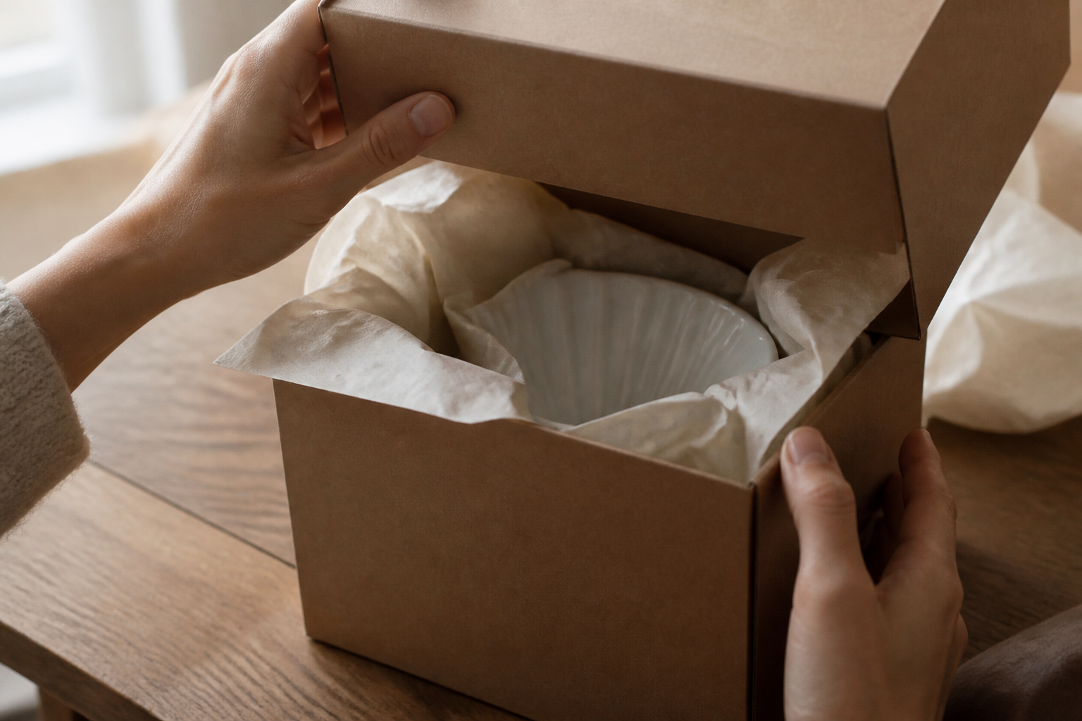 Illustrative unboxing still: hands opening a kraft box revealing the ceramic dripper, standing in for the unboxing preset video output