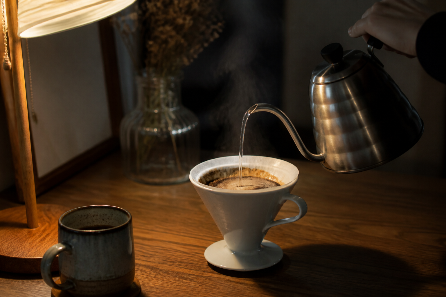 Illustrative podcast-clip still: a calm desk-lamp scene with the dripper and rising steam, standing in for the podcast-clip preset video output
