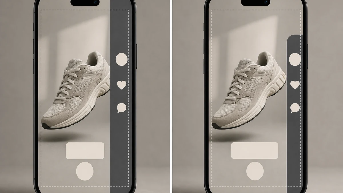 Before and after comparison of a vertical product ad, left panel shows the price tag and logo covered by app UI icons, right panel shows the same ad recomposed with everything inside the safe center zone