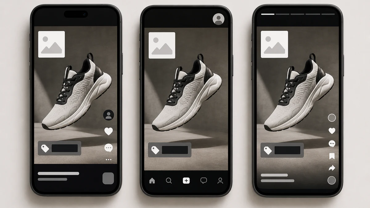 Three smartphone mockups showing the same safe-zone-composed vertical ad placed inside generic short-form video app interfaces with different UI chrome layouts