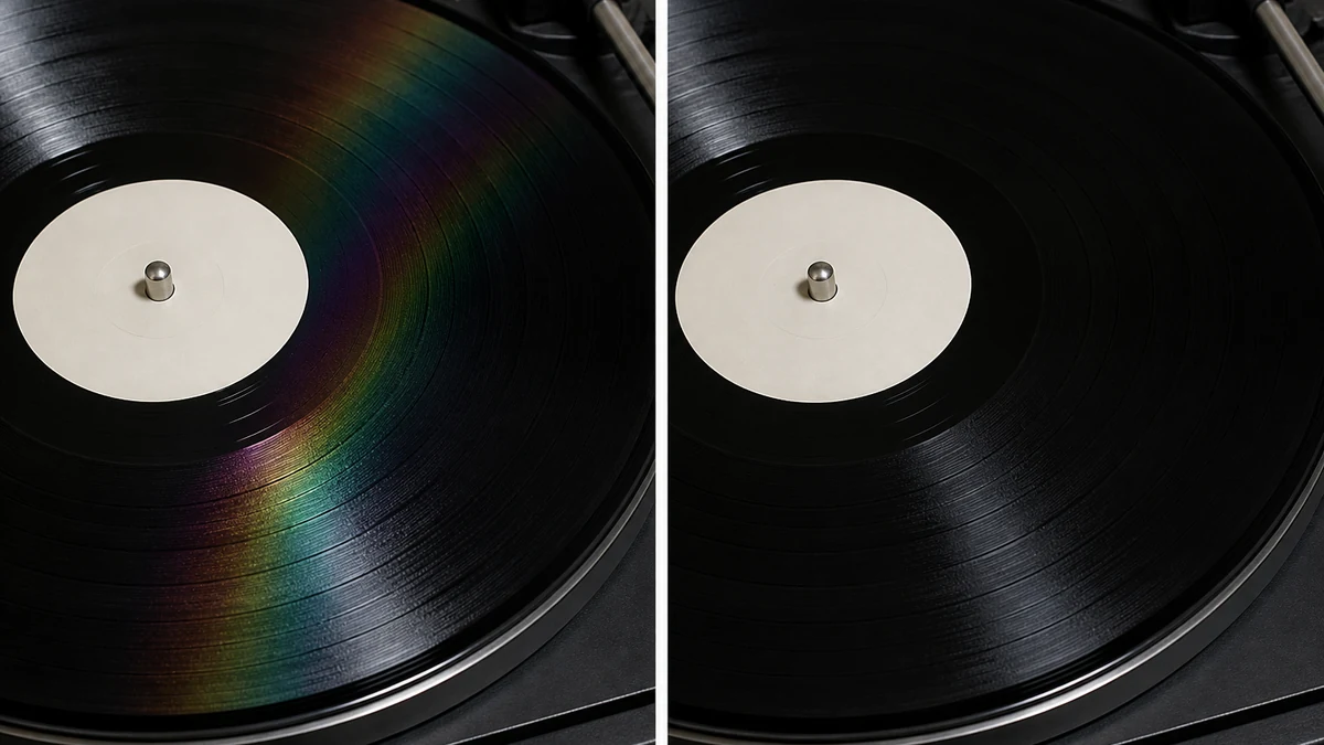 Illustrative before and after comparison of a vinyl record with a rainbow diffraction band on the left and a clean uniform black groove surface on the right