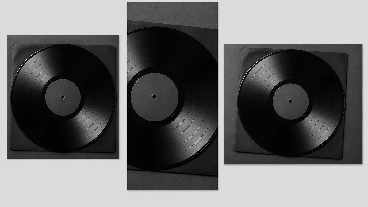 Illustrative mockup of the same corrected vinyl record photo shown in square, vertical, and horizontal ad crop formats