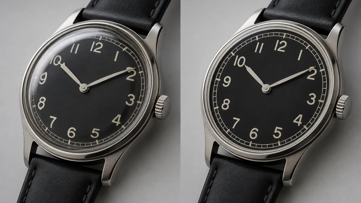 Before and after split photo of a watch dial: left shows the dial warped under a domed crystal, right shows the same watch with the dial geometry corrected to flat and true