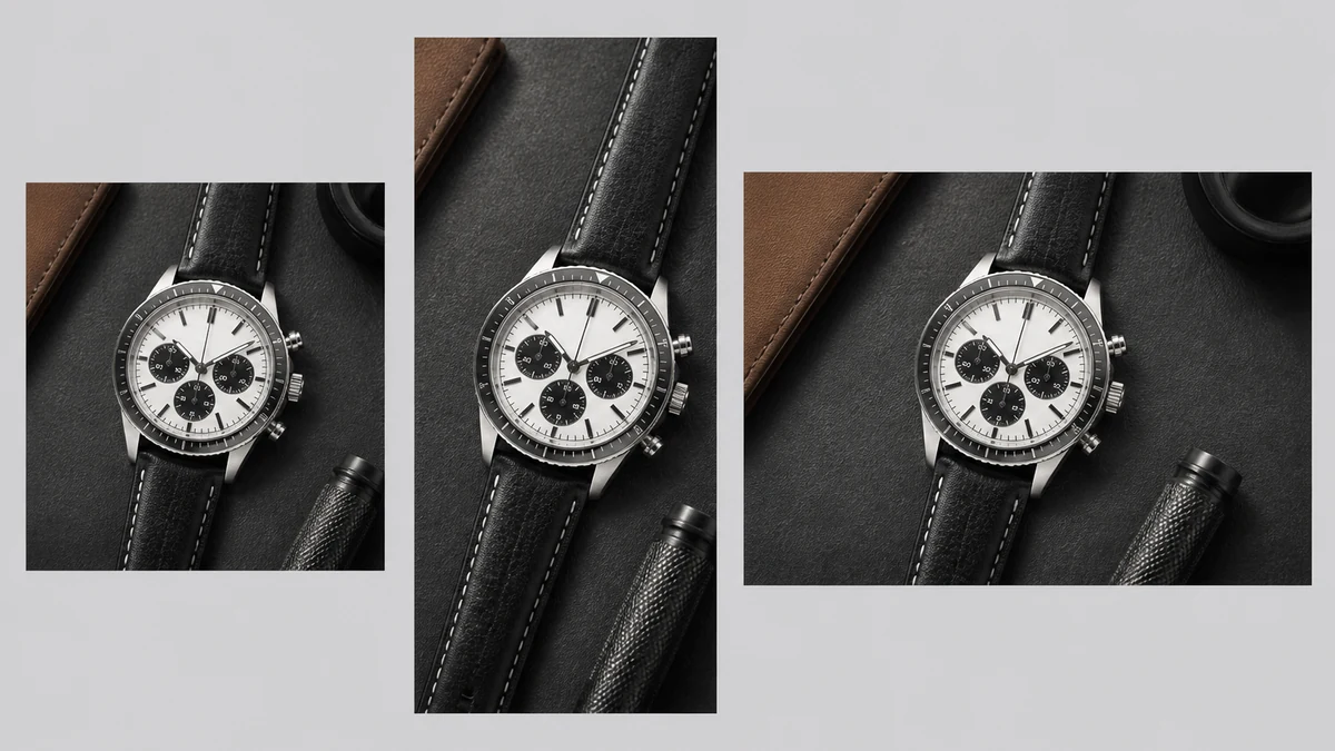 The same geometry-corrected watch dial photo composited into a square crop, a 9:16 story crop, and a landscape crop