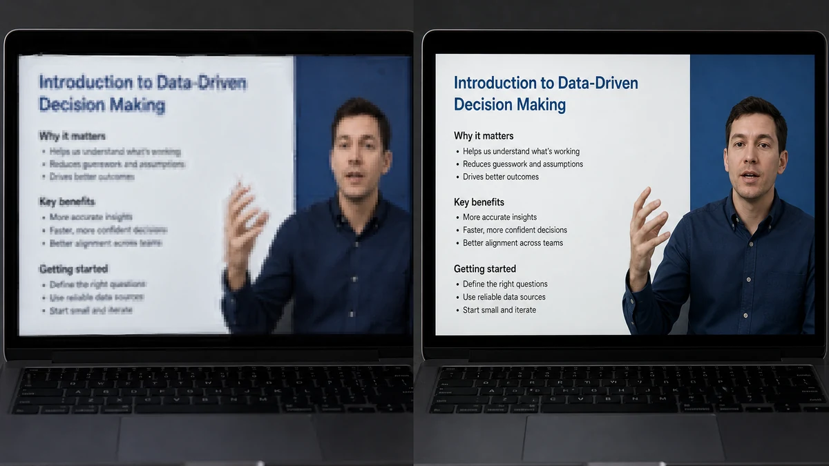 Split-frame comparison of a webinar screen recording: left side shows blurred slide text and a blocky halo around the presenter's hand, right side shows the same slide and presenter sharp and legible